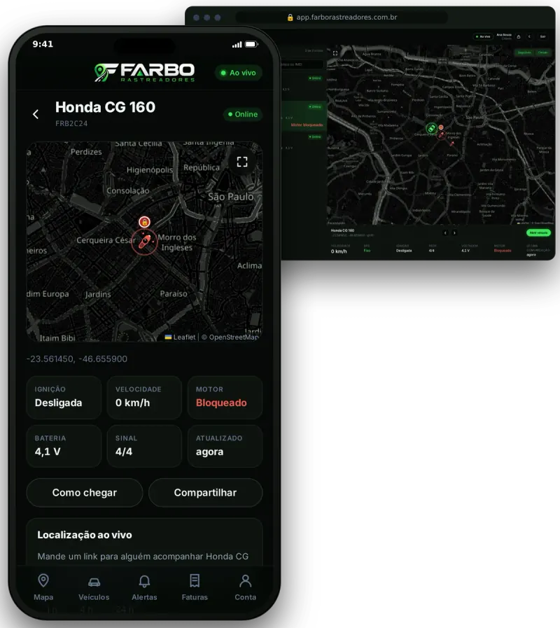 App e painel web do Farbo Rastreadores mostrando um veículo no mapa em tempo real, com o motor bloqueado
